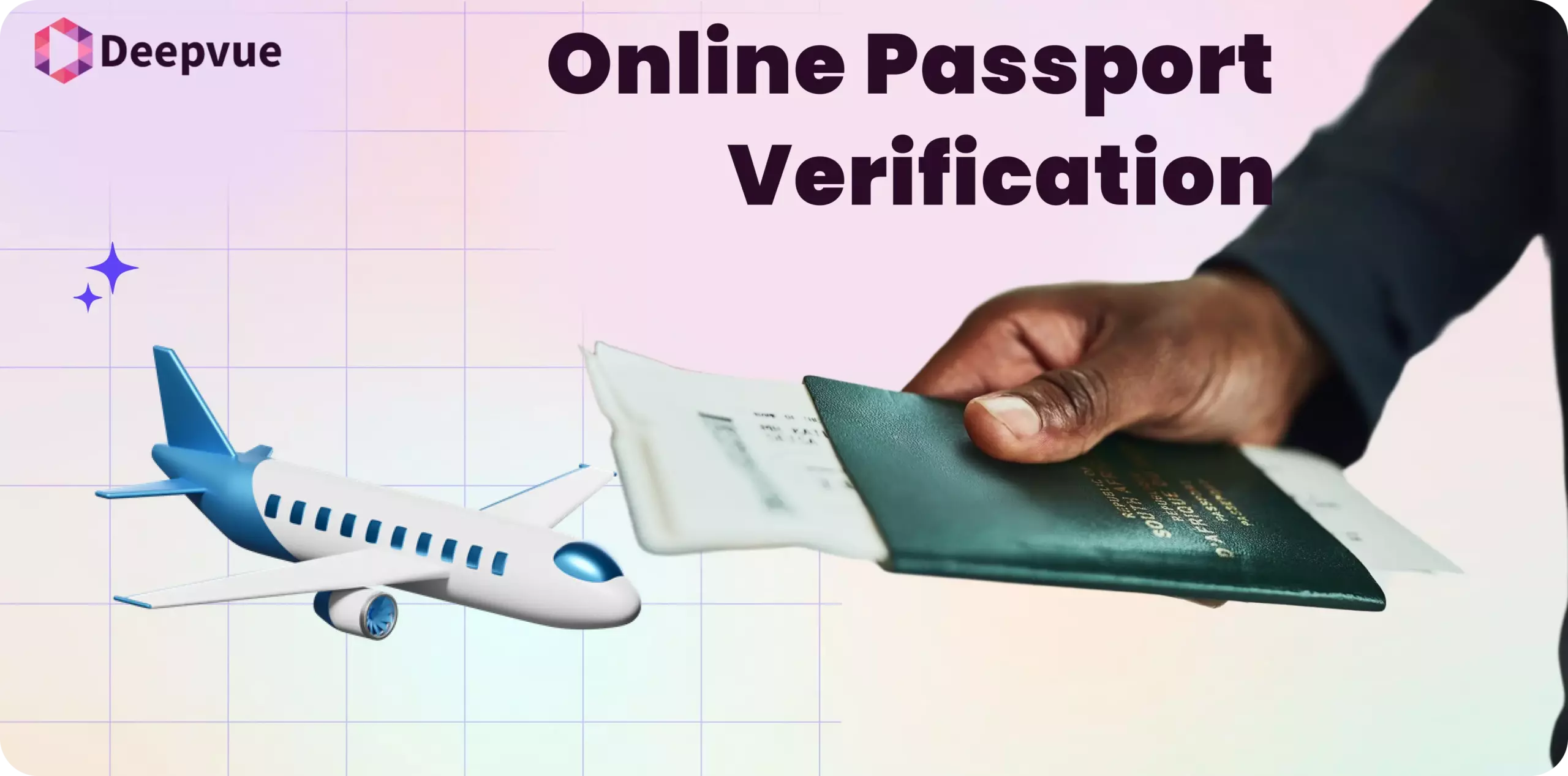 A person holds a passport with an airplane graphic. Text reads "Online Passport Verification.