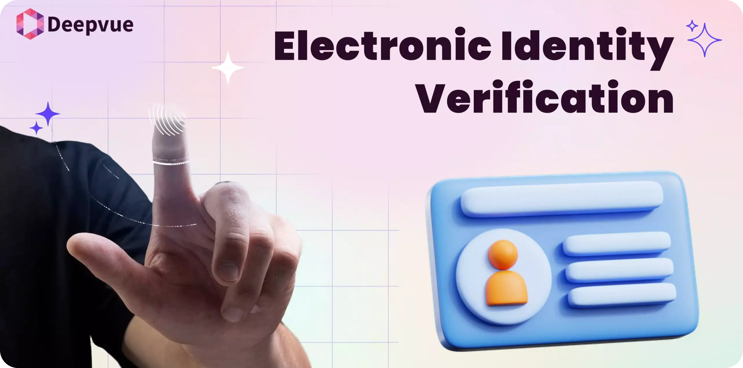 Hand with fingerprint icon touching virtual screen next to text "Electronic Identity Verification" and a 3D ID card graphic.