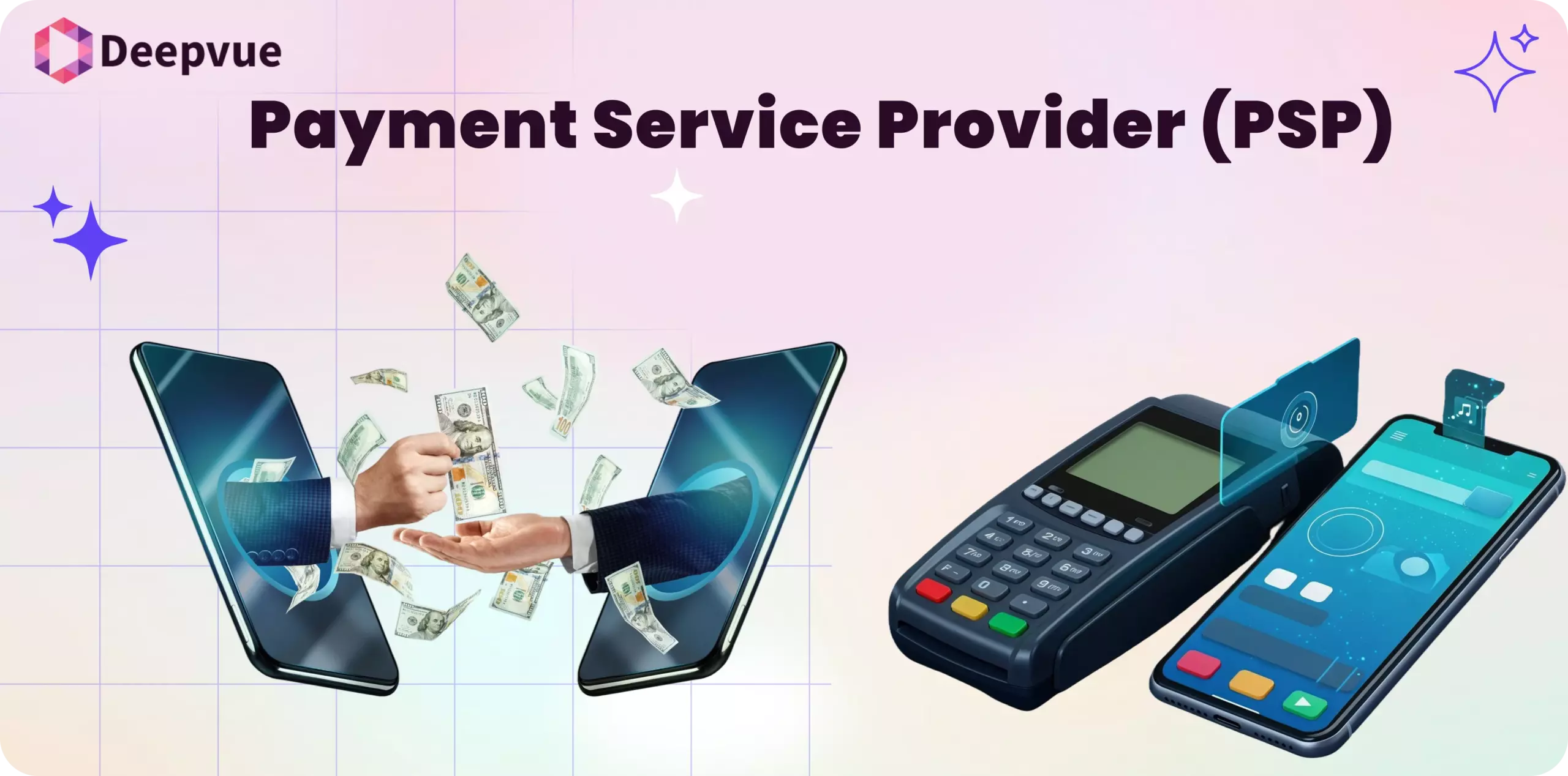 Illustration of digital money transfer between phones, with cash flying from one hand to another, next to card payment terminals. Text reads "Payment Service Provider (PSP) & Registration Authorities".