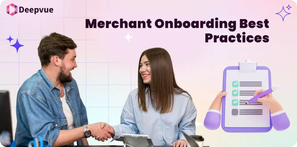 Two people smiling and shaking hands at a table, with the text "Merchant Onboarding Best Practices" and an illustrated clipboard on the right, highlighting security compliance in merchant onboarding.