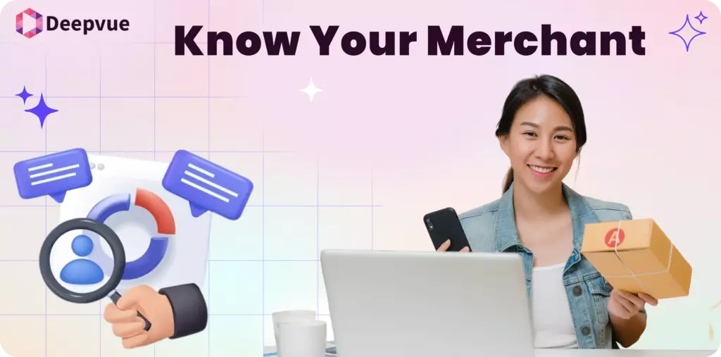 A woman sits at a desk with a laptop, holding a smartphone and a package. Text reads "Know Your Merchant" with Deepvue logo and graphics on the left, highlighting secure onboarding in the merchant onboarding process.