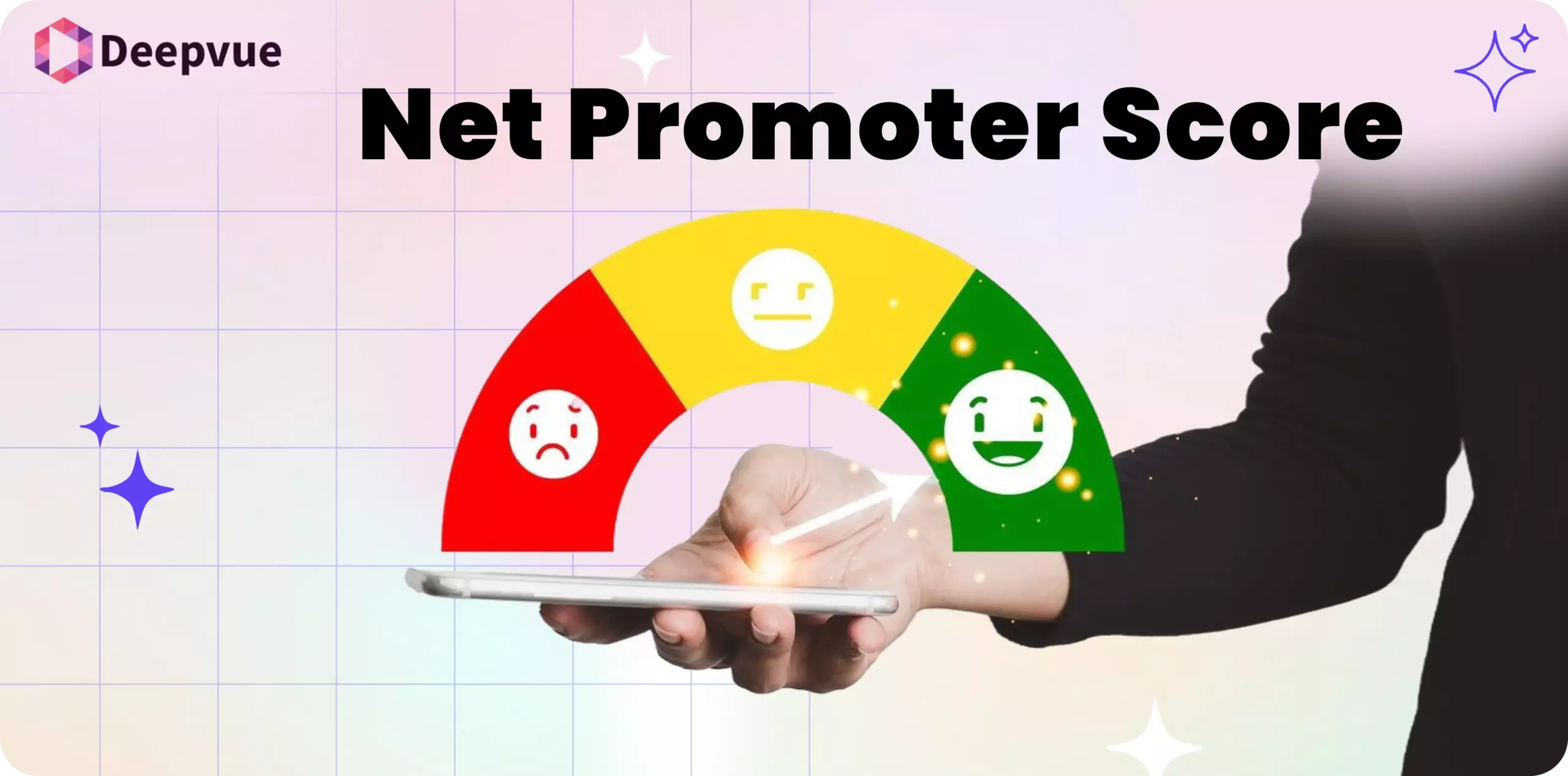 A hand holds a tablet with an NPS gauge above it, showing sad, neutral, and happy faces in red, yellow, and green—ideal for payment service providers tracking their Net Promoter Score.
