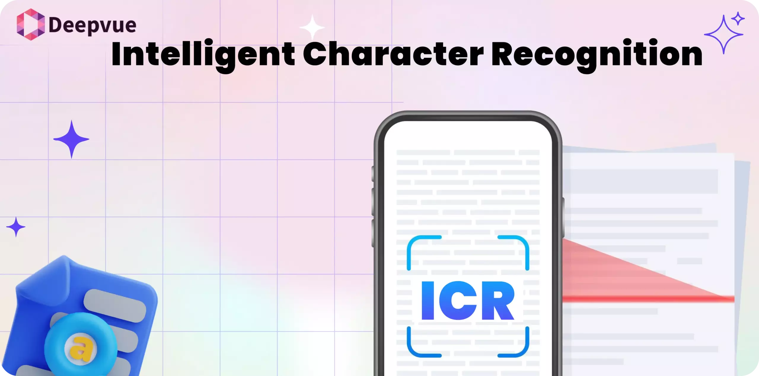 A smartphone displaying "ICR" on its screen is shown in front of digital documents, with the text "Intelligent Character Recognition" above—highlighting ICR's advanced data extraction capabilities.
