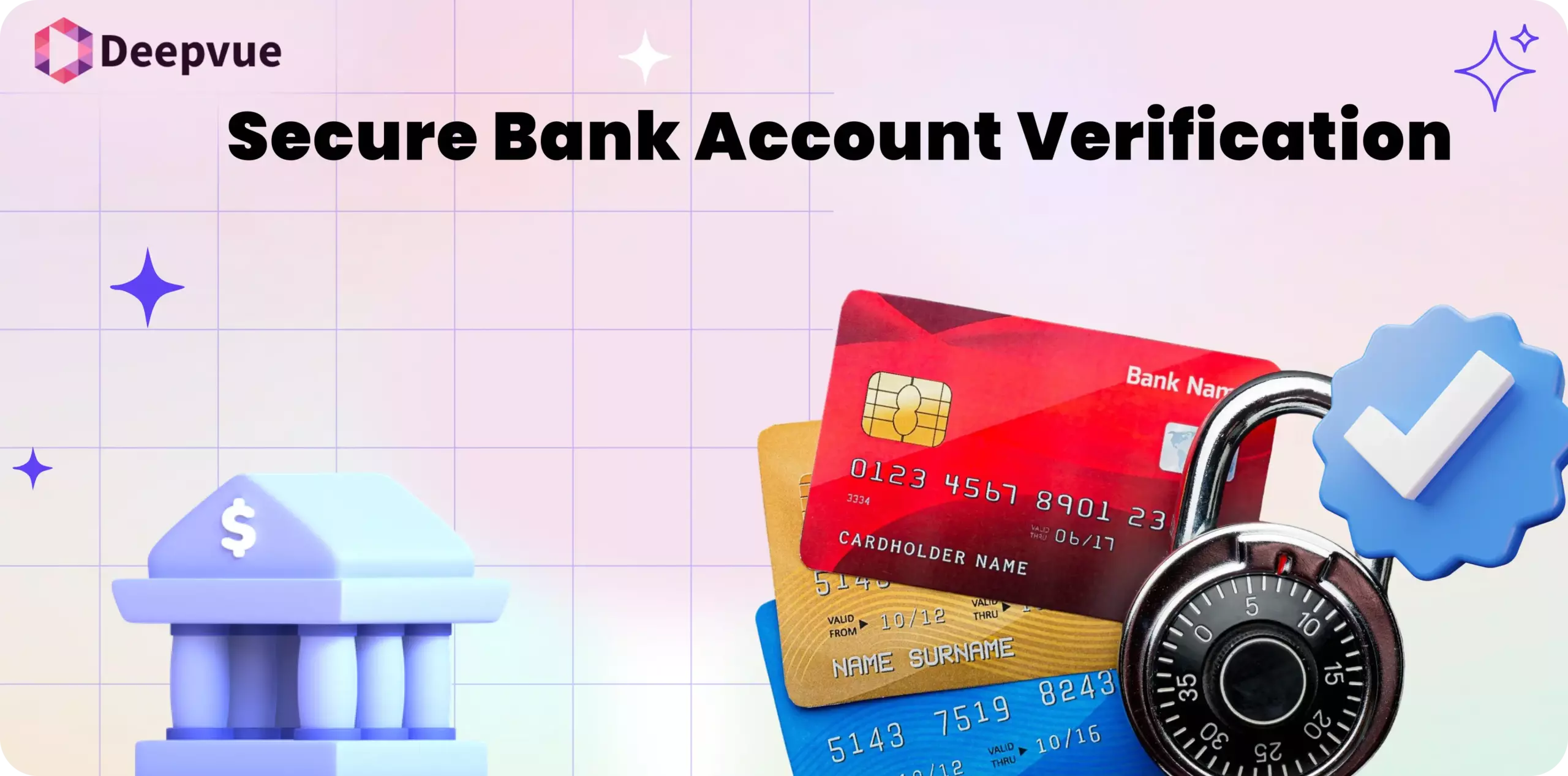 Three credit cards, a padlock, and a blue bank icon illustrate the concept of secure verification for bank accounts, with the text "Secure Bank Account Verification" above.