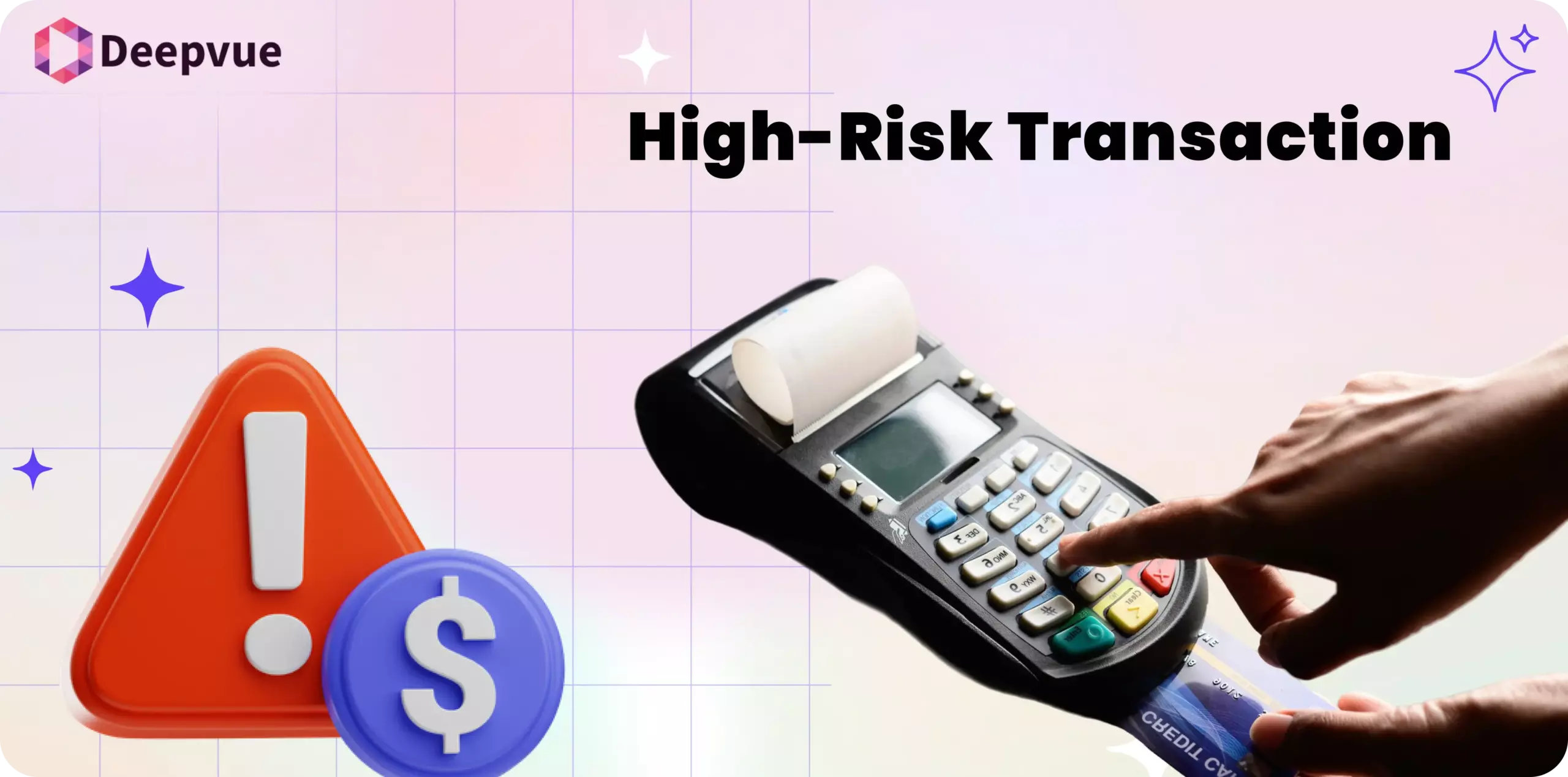 A hand presses buttons on a payment terminal, with a warning symbol and dollar sign icon beside the text "High-Risk Transaction," highlighting the importance of mitigating financial risks during sensitive payments.