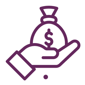 Purple outline of a hand holding a money bag with a dollar sign on it.