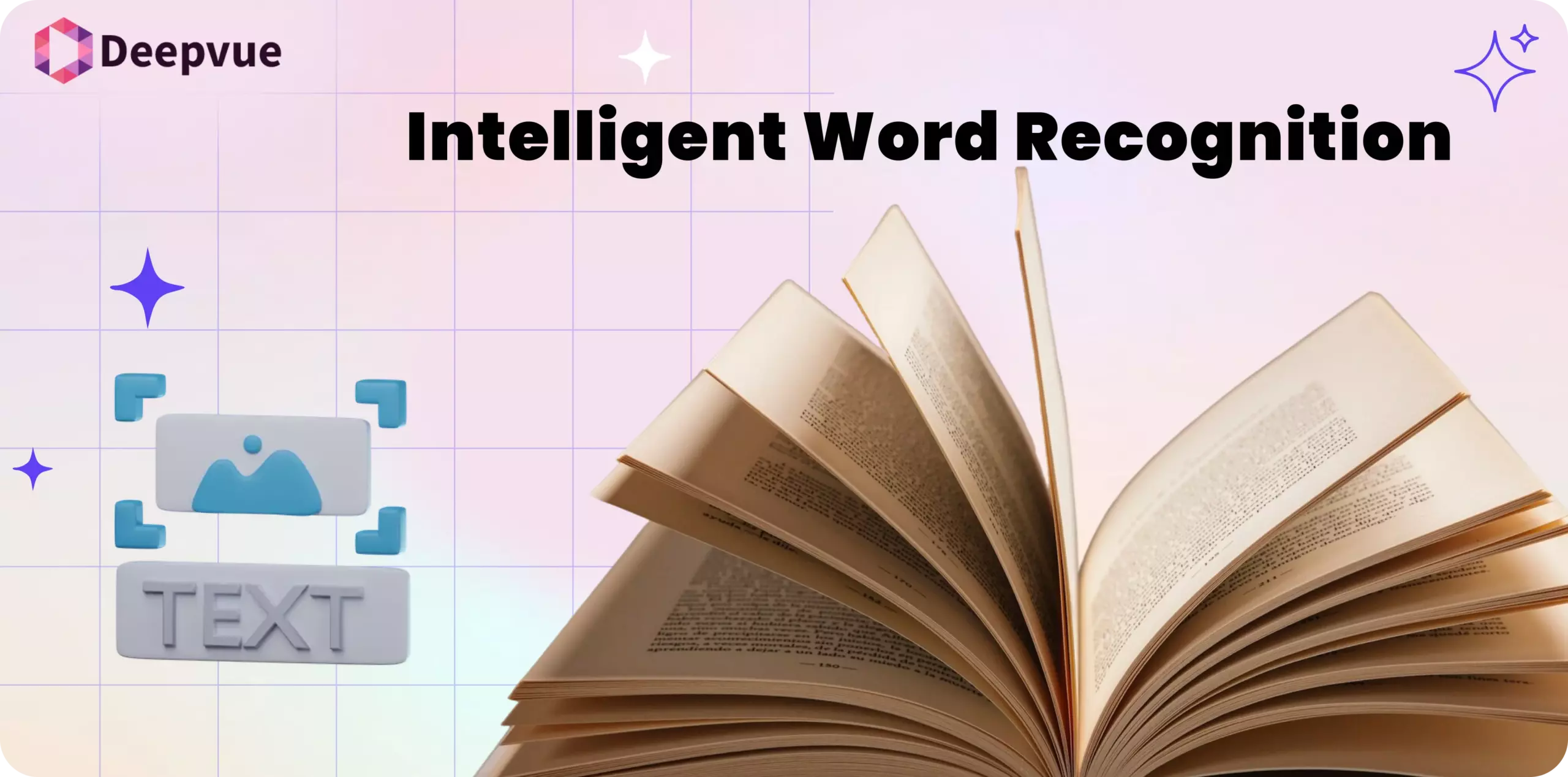 An open book with the text "Intelligent Word Recognition" above it, and an icon of document processing converting images to text on a pastel grid background.