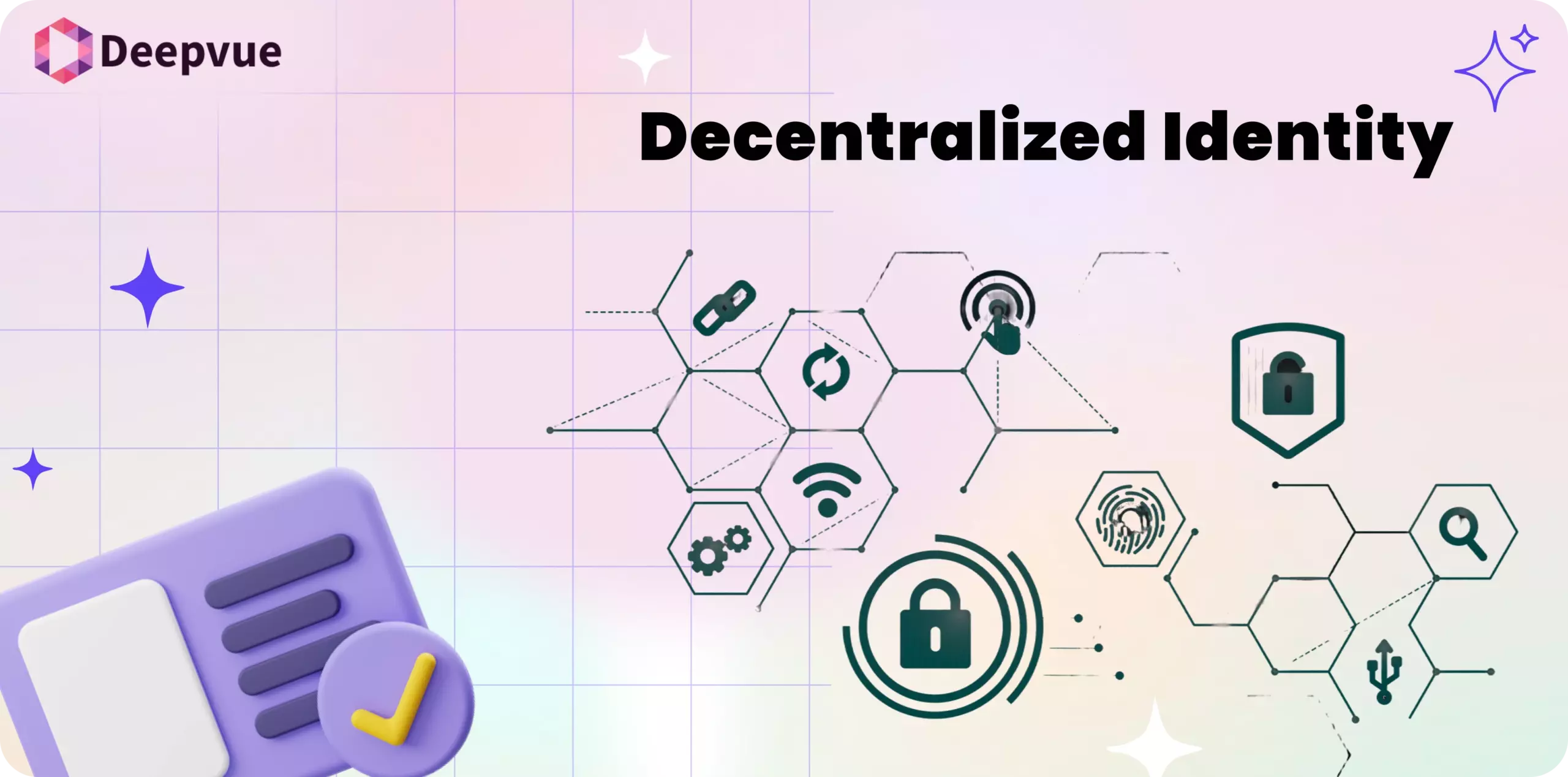 A graphic with the title "Decentralized Identity," featuring secure digital identity icons, hexagons, a lock symbol, and the Deepvue logo on a pastel grid background.