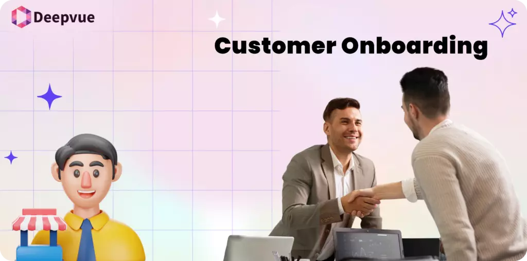 Two men in business attire shake hands across a desk with laptops, under the text "Customer Onboarding," illustrating best practices for delivering a seamless experience; a cartoon emoji with a storefront appears in the lower left corner.