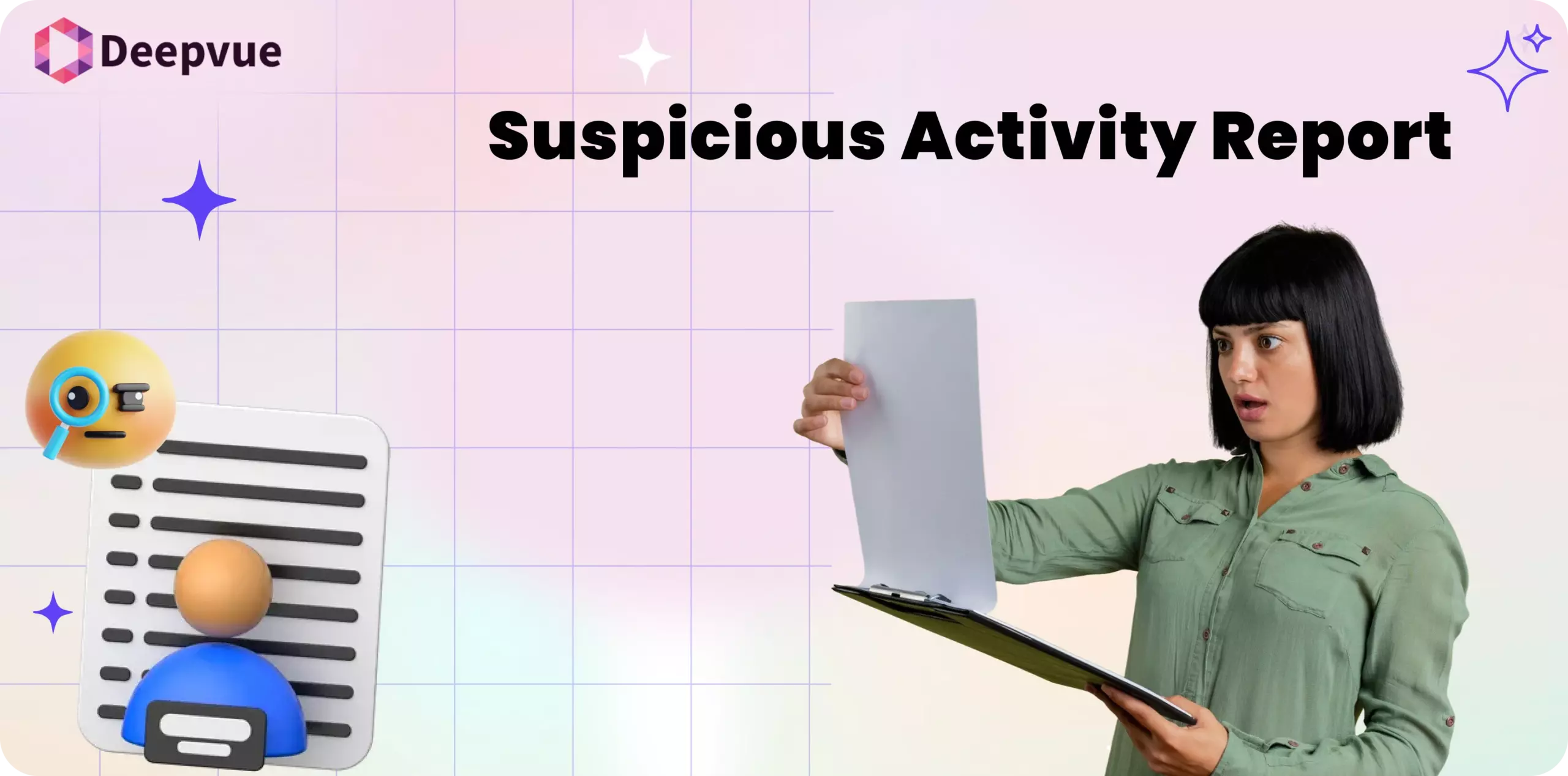 A woman in a green shirt examines a document against a clipboard. The text "Suspicious Activity Report (SAR)" appears above her, highlighting when to file. An emoji of a report sheet with a magnifying glass is on the left.