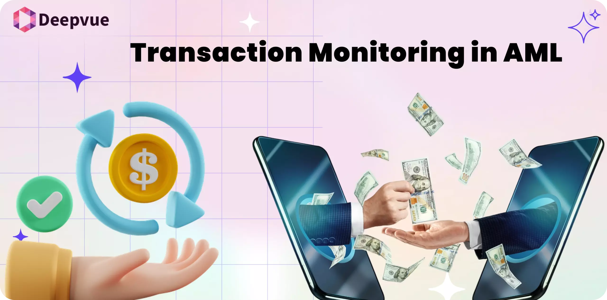 A graphic showing hands exchanging money via a smartphone, with the text "Transaction Monitoring in AML" and the Deepvue logo on a pink grid background, highlighting anti-money laundering efforts.