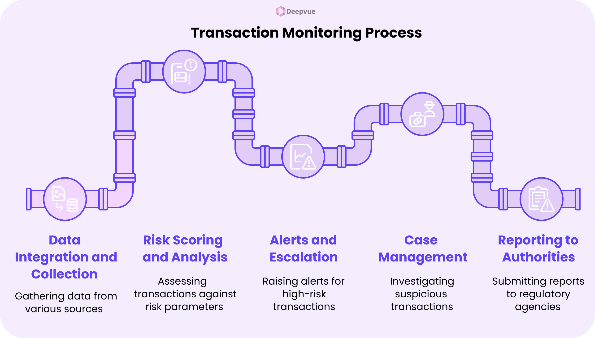 A diagram illustrates the Anti-Money Laundering transaction monitoring process: data integration, risk scoring, alerts, case management, and reporting to authorities—each stage represented along a pipeline.