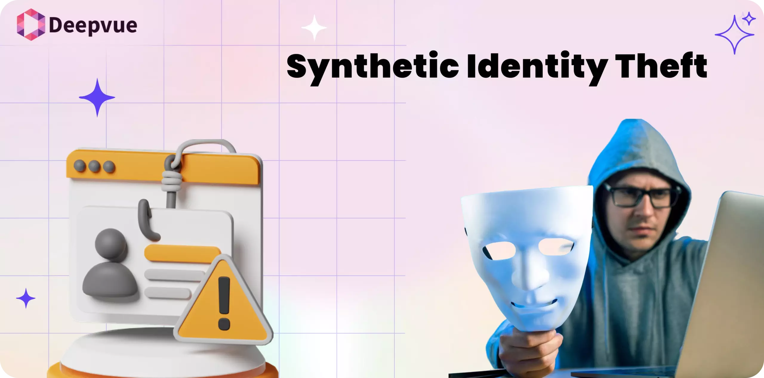 A hooded figure holds a mask beside a clipboard with an exclamation mark warning, visually illustrating how synthetic identity theft works.