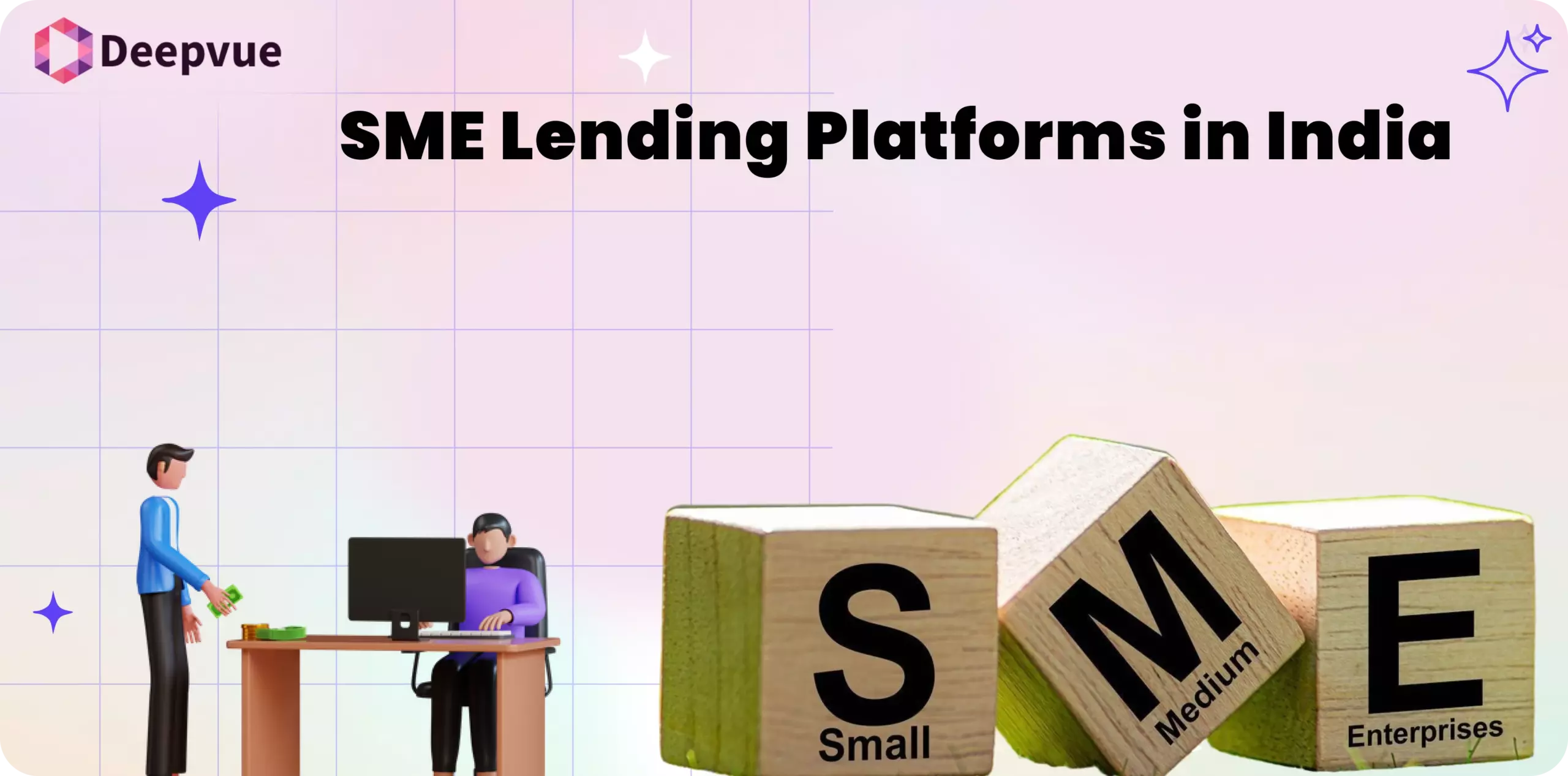 A person works at a desk next to wooden blocks labeled "Small" and "Medium," with the text "SME Lending Platforms in India" above—your essential guide to SME Lending Platforms in India.