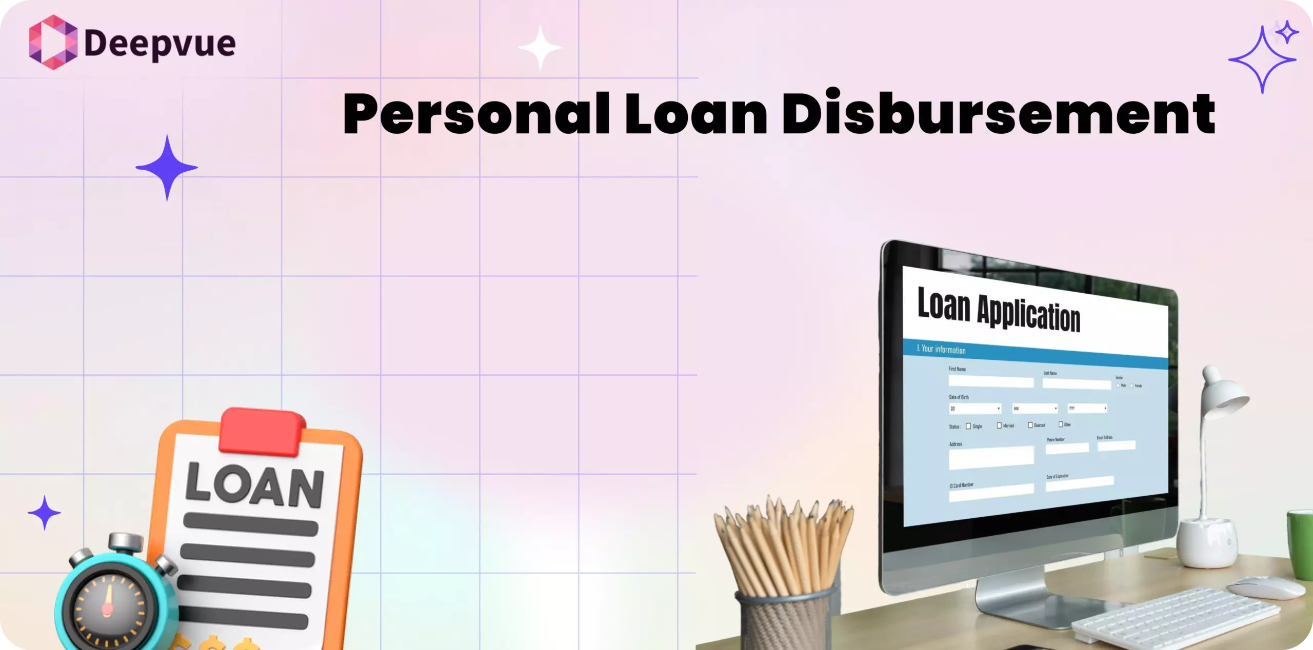 A computer screen displays a personal loan application form; nearby, a clipboard labeled “Loan” represents the loan disbursement process.