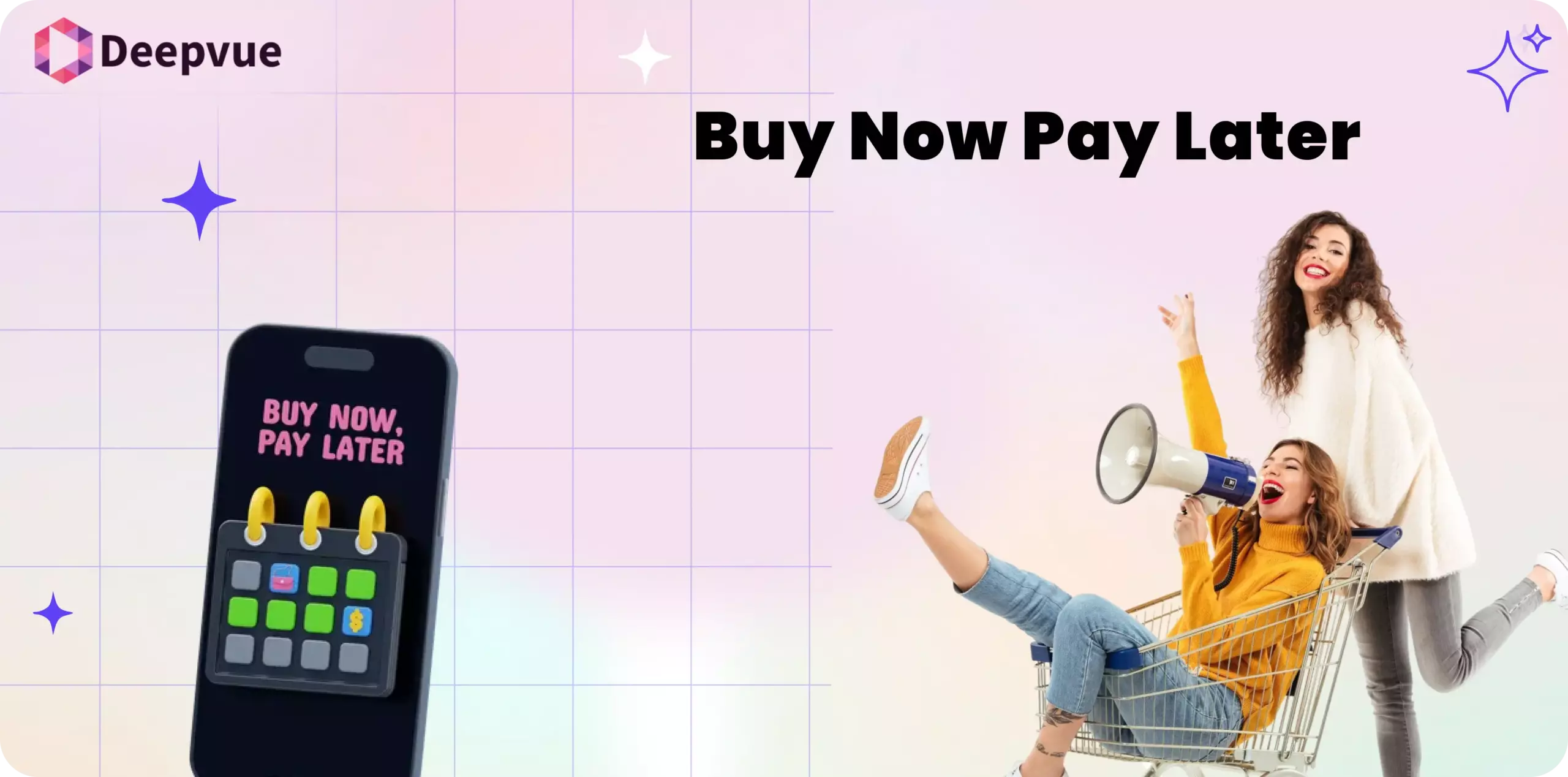 A smartphone displaying "Buy Now Pay Later" (BNPL) next to two people, one with a megaphone, sitting in a shopping cart against a pastel grid background.