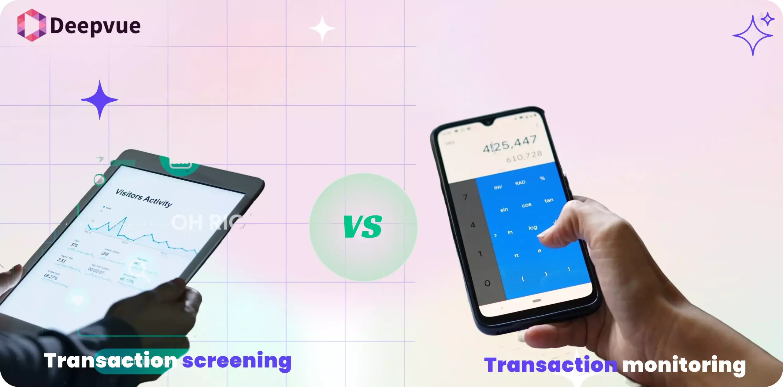 A person holds a tablet labeled "Transaction screening" while another holds a phone labeled "Transaction monitoring," with "transaction screening vs transaction monitoring" highlighted in the center.