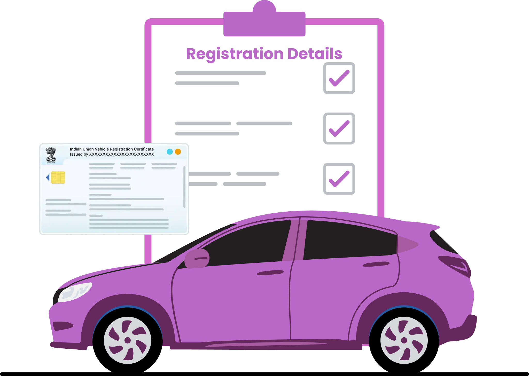 Illustration of a purple car in front of a large clipboard labeled "Registration Details," with checkboxes and a vehicle registration certificate displayed.
