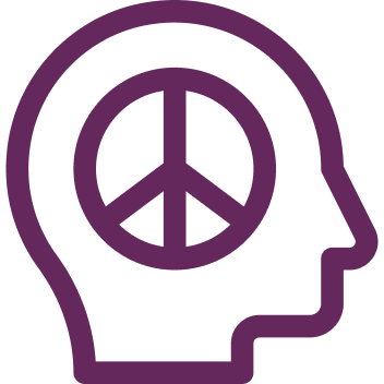 Outline of a human head with a peace symbol inside, depicted in purple lines on a transparent background.