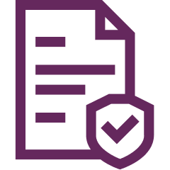 Purple icon of a document with a shield featuring a checkmark in front, representing verified or secure documentation.