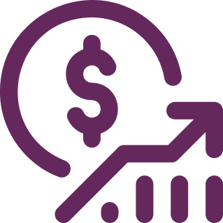 Purple icon showing a dollar sign within a partial circle next to an upward trending arrow and bar chart, representing financial growth or increasing profits.