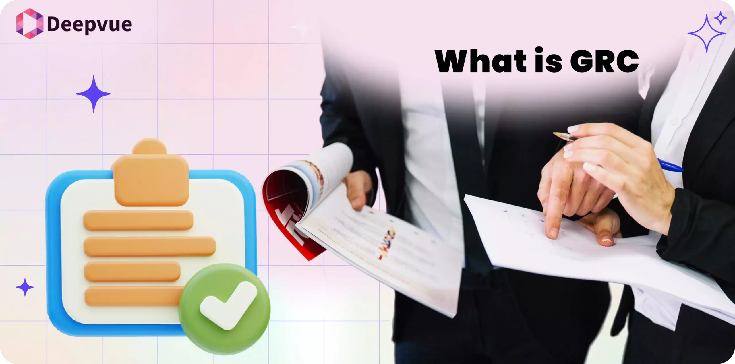 A person in business attire reviews documents, next to an icon of stacked files with a check mark and the text "What is GRC" at the top, highlighting the importance of governance and compliance in business processes.