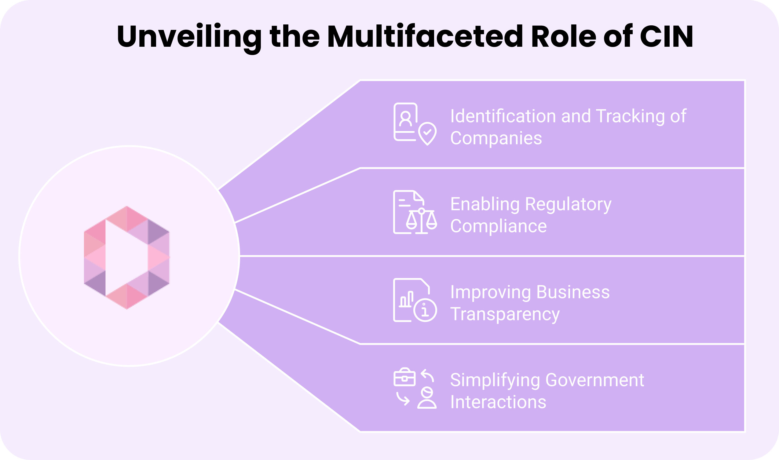 Infographic showing four roles of the Corporate Identification Number (CIN): identification and tracking of companies, enabling regulatory compliance, improving business transparency, and simplifying government interactions.
