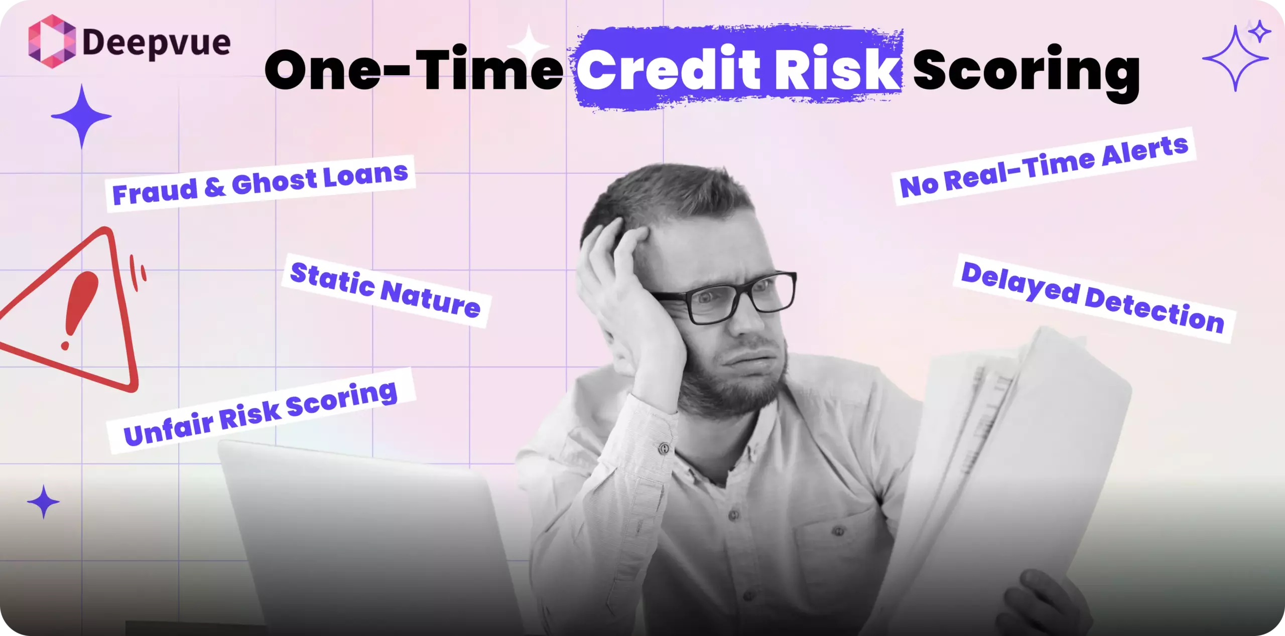 A man looks frustrated while holding papers, surrounded by phrases highlighting issues with one-time credit risk scoring, such as "Fraud & Ghost Loans" and "Delayed Detection.